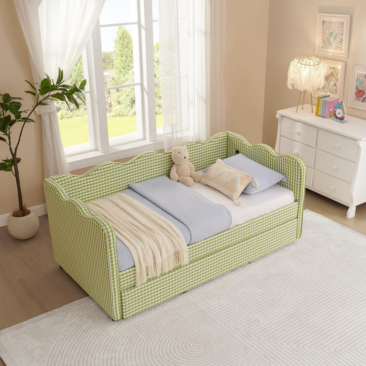 Twin to King Daybed with Trundle, USB Ports Soft Upholstered Daybed with Pop Up Trundle Bed Twin, Modern Extendable Day Bed Frame for Girls Bedroom Living Room Guest Room Small Places Sage Green Deolme