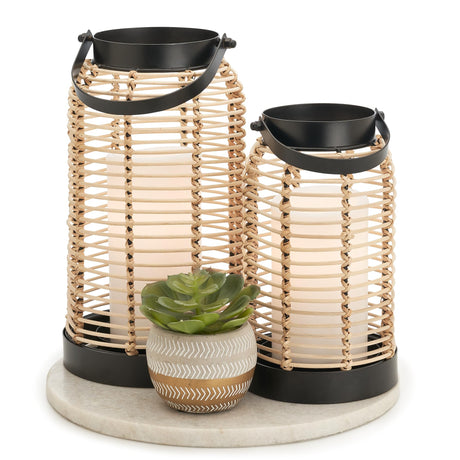 Natural Rattan Boho Lanterns - Handcrafted Decor to Enhance Every Corner of Your Home - Modern Farmhouse Beauty Perfect for Any Living Room, Indoor Coffee Table or Kitchen Dining Table KIBAGA