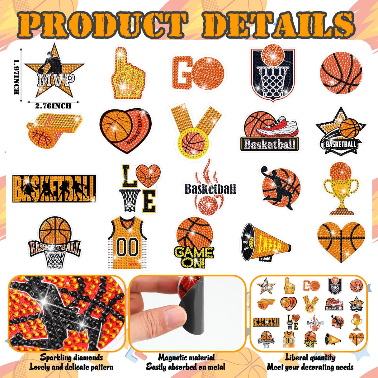 Saysurey 20 Pcs Basketball Diamond Painting Magnet Refrigerator Basketball Decoration DIY Diamond Art Painting Kits for Basket Ball Party Supplies Basket Ball Themed Party Exchange Gifts Saysurey