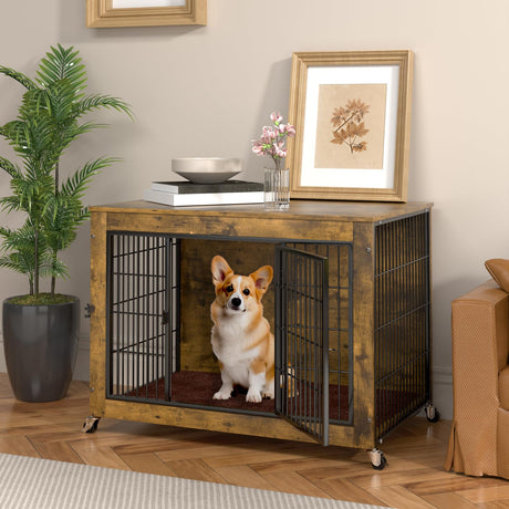 Dog Crate Furniture with Cushion, 32 Inch Wooden Dog Kennel Furniture Indoor, Heavy Duty Dog Crates for Small Medium Dogs, Dog Cage with Wheels, Chew Resistant, Double Doors Dog House, Rustic Brown VENDORZ