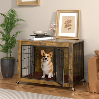 Dog Crate Furniture with Cushion, 32 Inch Wooden Dog Kennel Furniture Indoor, Heavy Duty Dog Crates for Small Medium Dogs, Dog Cage with Wheels, Chew Resistant, Double Doors Dog House, Rustic Brown