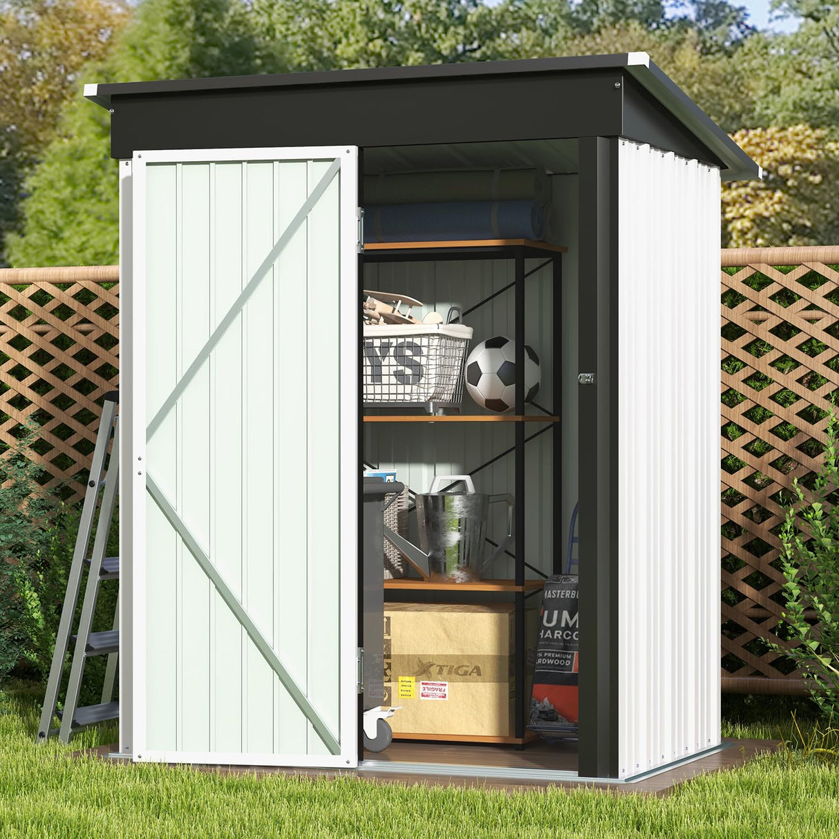 Patiowell 5x3 FT Outdoor Storage Shed, Garden Tool Shed with Sloping Roof and Lockable Door, Metal Shed for Backyard Garden Patio Lawn, White Patiowell