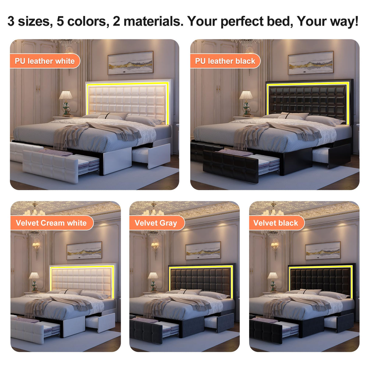 GEGOFORU LED Upholstered King Bed Frame with Adjustable Headboard and 4 Drawers in PU White GEGOFORU