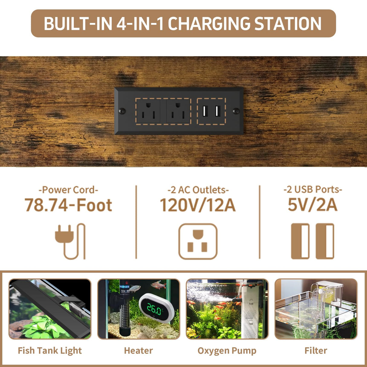 MILEFA Reinforced 40-50 Gallon Aquarium Stand with Power Outlet | Ultra-Stable 750LBS Capacity Metal Fish Tank Stand for Reptile/Aquatic Setups, 5-Tier Adjustable 37"x19" Steel Shelving System MILEFA