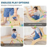 BlueWood Pikler Triangle Set, Toddler Wooden Climbing Toys Indoor 7in1 Foldable Climber for Kids, Montessori Philosophy Play Jungle Gym with Arch, Ramp, Ladder (Colorful Spring) BlueWood