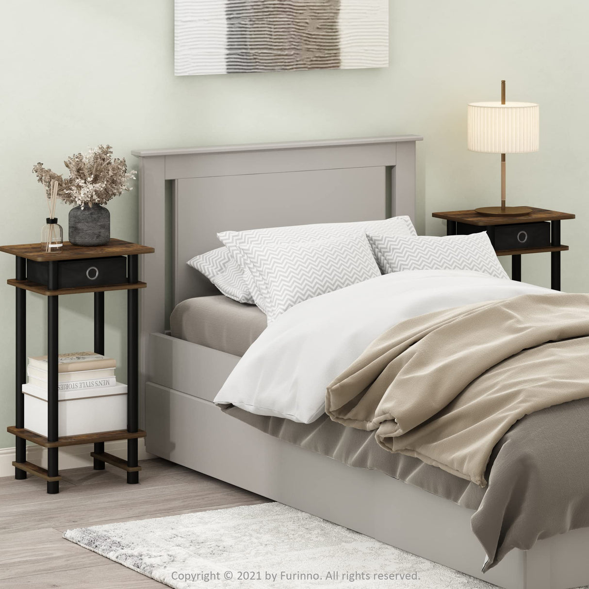 Furinno Turn-N-Tube Tall End Side Night Stand/Bedside Table with Bin Drawer, 2-Pack, Amber Pine/Black/Black Furinno