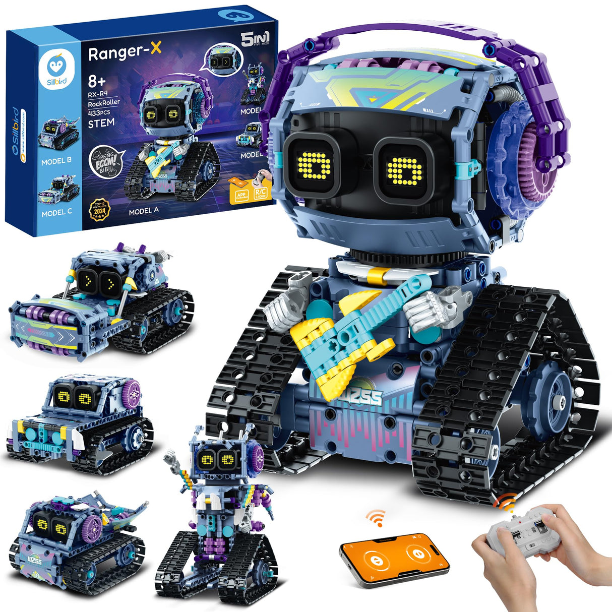 Sillbird Robot Building Kit with Remote Control STEM Gifts for Kids Boys Ages 8-12, Coding Robotic Technic Creative Toys for Birthday - Build 5in1 Model with 433 Pieces Sillbird