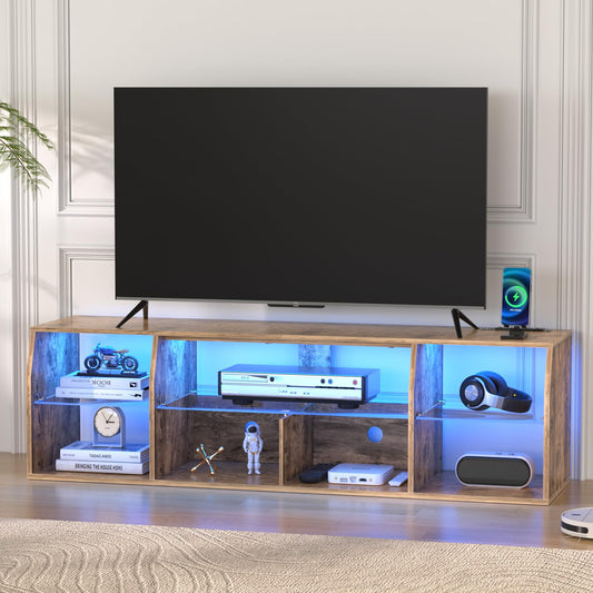 VECELO TV Stand with LED Strip & Power Outlets, Industrial Entertainment Center for 45/50/55/60/65/70 inch TVs, 7 Open Storage, 3 Tiers Media Console Table, Cord Holes, Bedroom, 65",Brown - WoodArtSupply