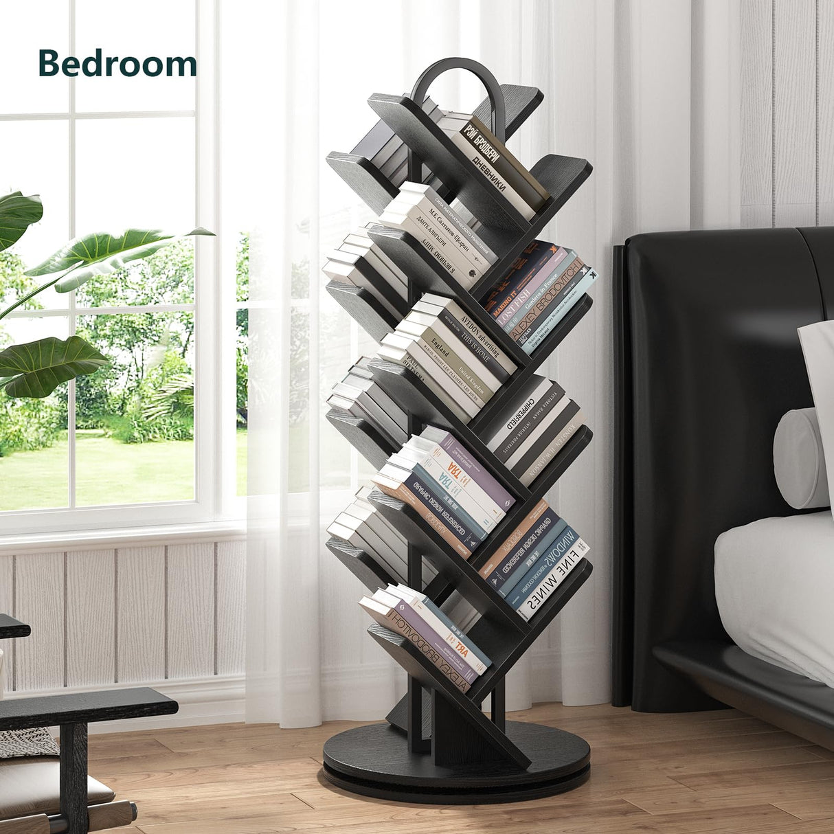 TVU 18-Tier Tree Rotating Bookshelf, 360 Degree Spinning Standing Bookcase for Magazines DVDs Books, Corner Bookcase for Living Room Bedroom Study (Black) TVU