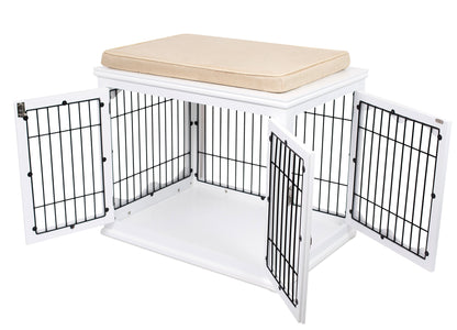 Internet's Best Decorative Dog Kennel with Pet Bed | Small | Fits Small Dogs | Double Door | Indoor Pet Crate Engineered Wood & Wire Furniture House for Dogs| Side Table | Nightstand – White - WoodArtSupply