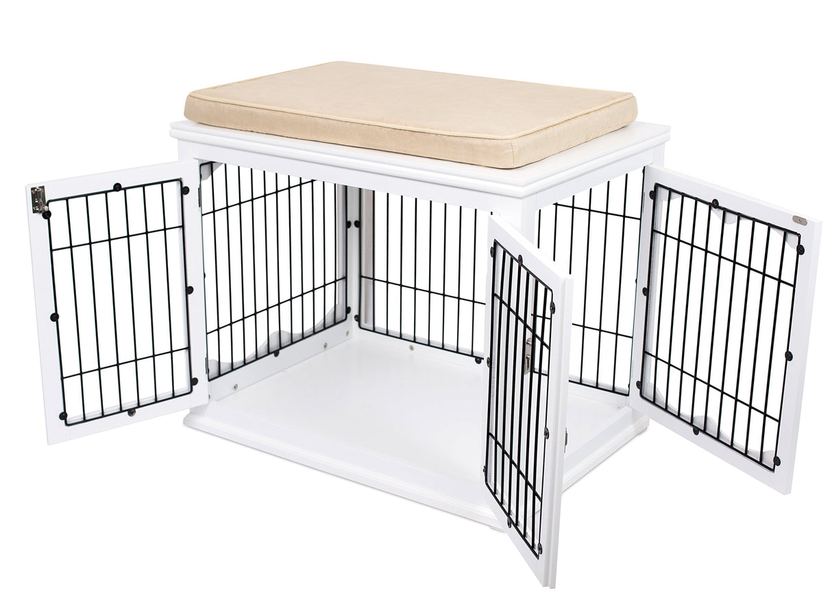 BIRDROCK HOME Decorative Dog Kennel with Pet Bed - Small Indoor Pet Crate, Double Door Design, Engineered Wood & Metal Wire, Furniture-Style House for Small Dogs, Side Table or Nightstand, White BIRDROCK HOME