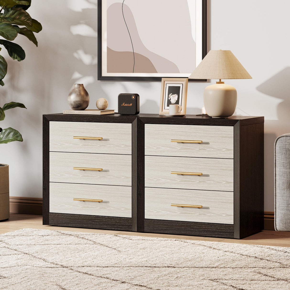 SICOTAS 24" Night Stands Set of 2, Black Nightstand with Charging Station, Large 3 Drawers Nightstand, Tall Mid Century Modern Nightstands Bedroom Bed Side Table for Bedroom Living Room Sofa SICOTAS