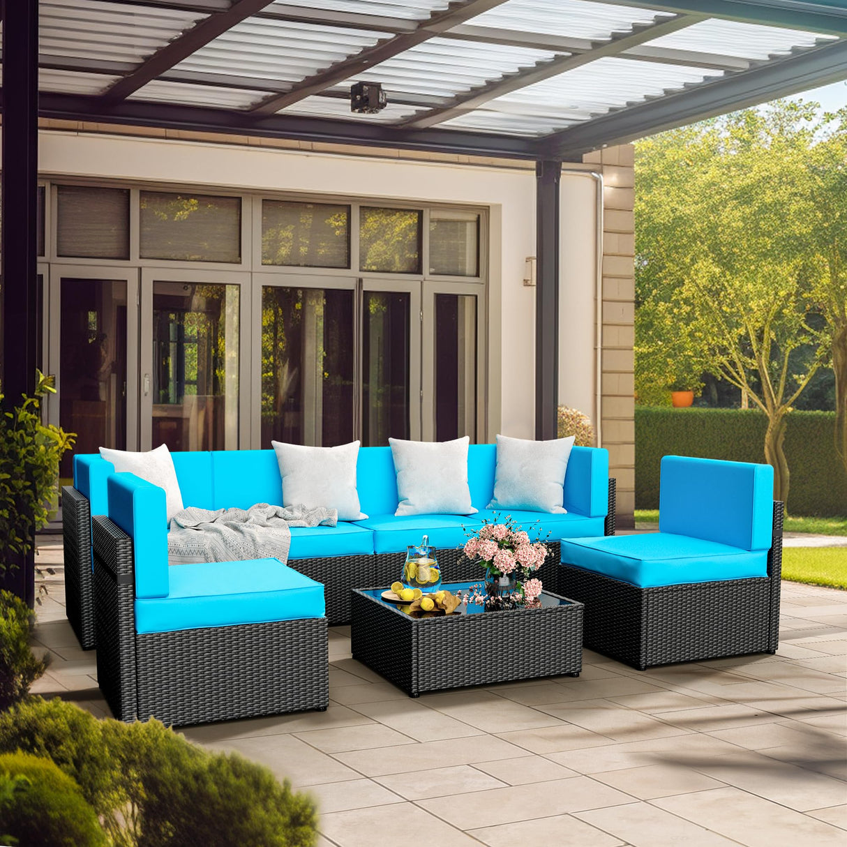 Pamapic 7-Piece Outdoor Furniture,All-Weather Wicker Modular Sectional Sofa with Patio Crystal Coffee Table, Adjustable Reclining Sectional Couch with Washable Removable Cushion Covers, Light Blue Pamapic