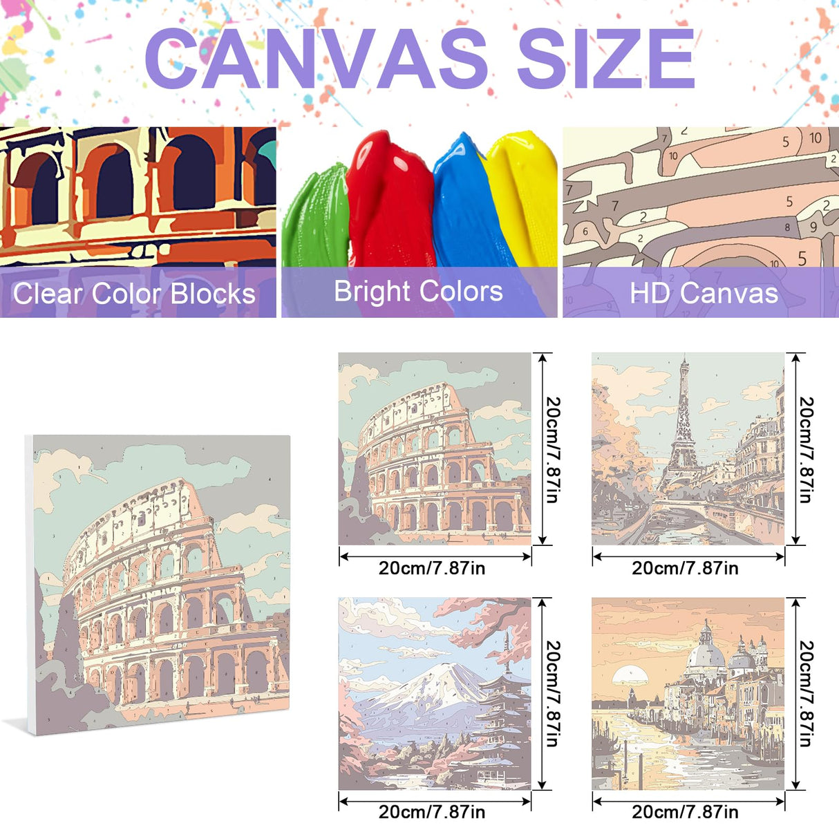 4 Pack Framed Paint by Numbers Kit for Adults – 8x8in Canvas Wall Art Set – Pre-Stretched Wooden Frame, Full Paint Set with Brushes & Velcro – DIY Number Painting for Home Décor, Gifts, Relaxation antor