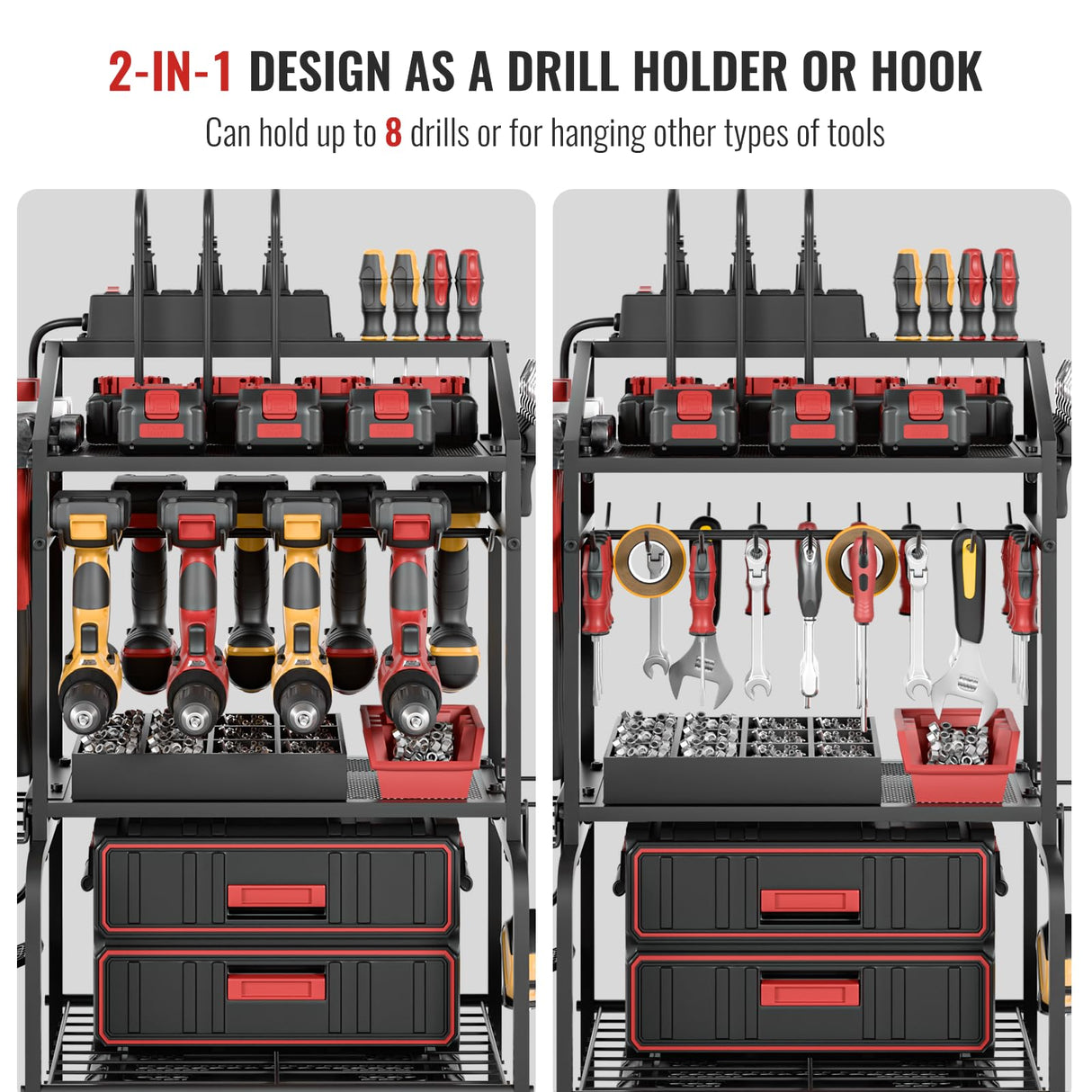 Power Tool Organizer Cart with Charging Station, Garage Floor Standing Rolling Drill and Tools Battery Storage Cart on Wheels, Rolling Tool Cart with 6 Outlet Power Strip FULOOPHI