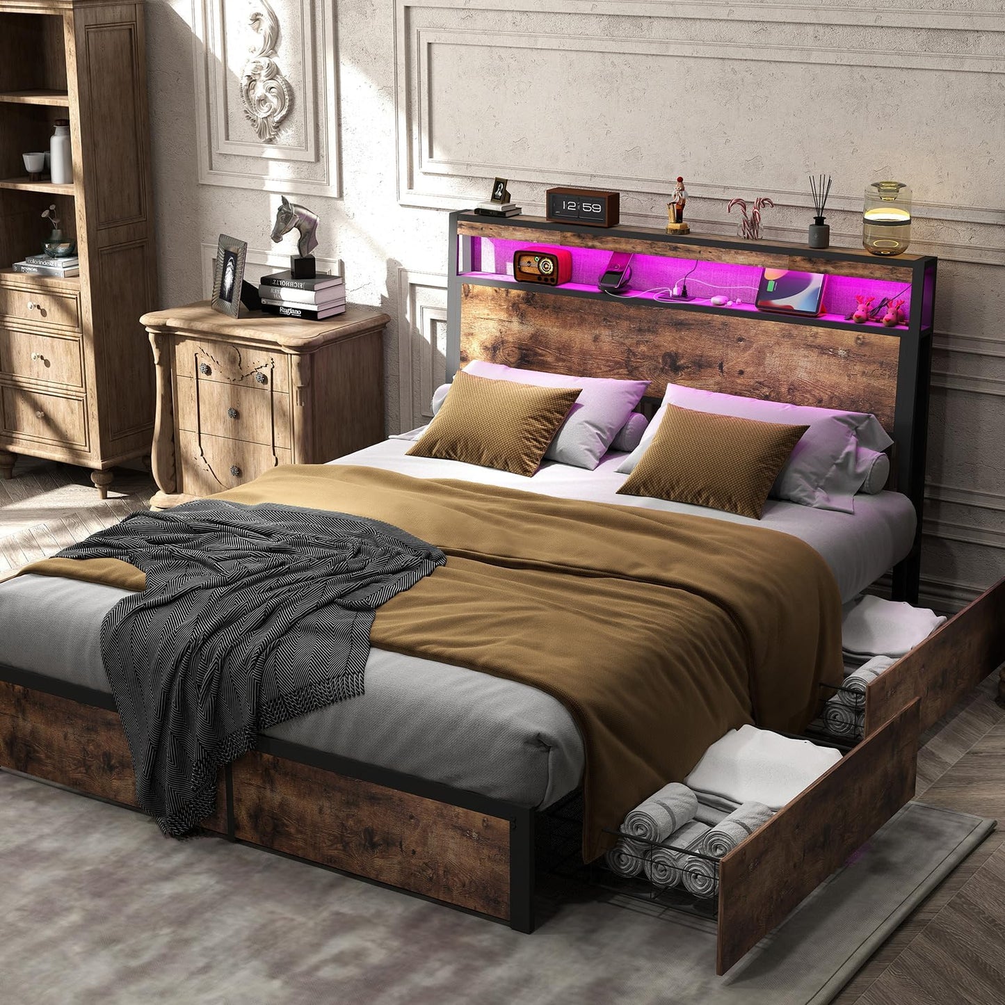 ANYHAVE Queen Size Bed Frame with 4 Storage Drawers and Headboard with Charging Station and LED Lights,2 Tier Solid Wood Headboard Storage,Noise Free, No Box Spring Needed,Remote Control/Vintage Brown