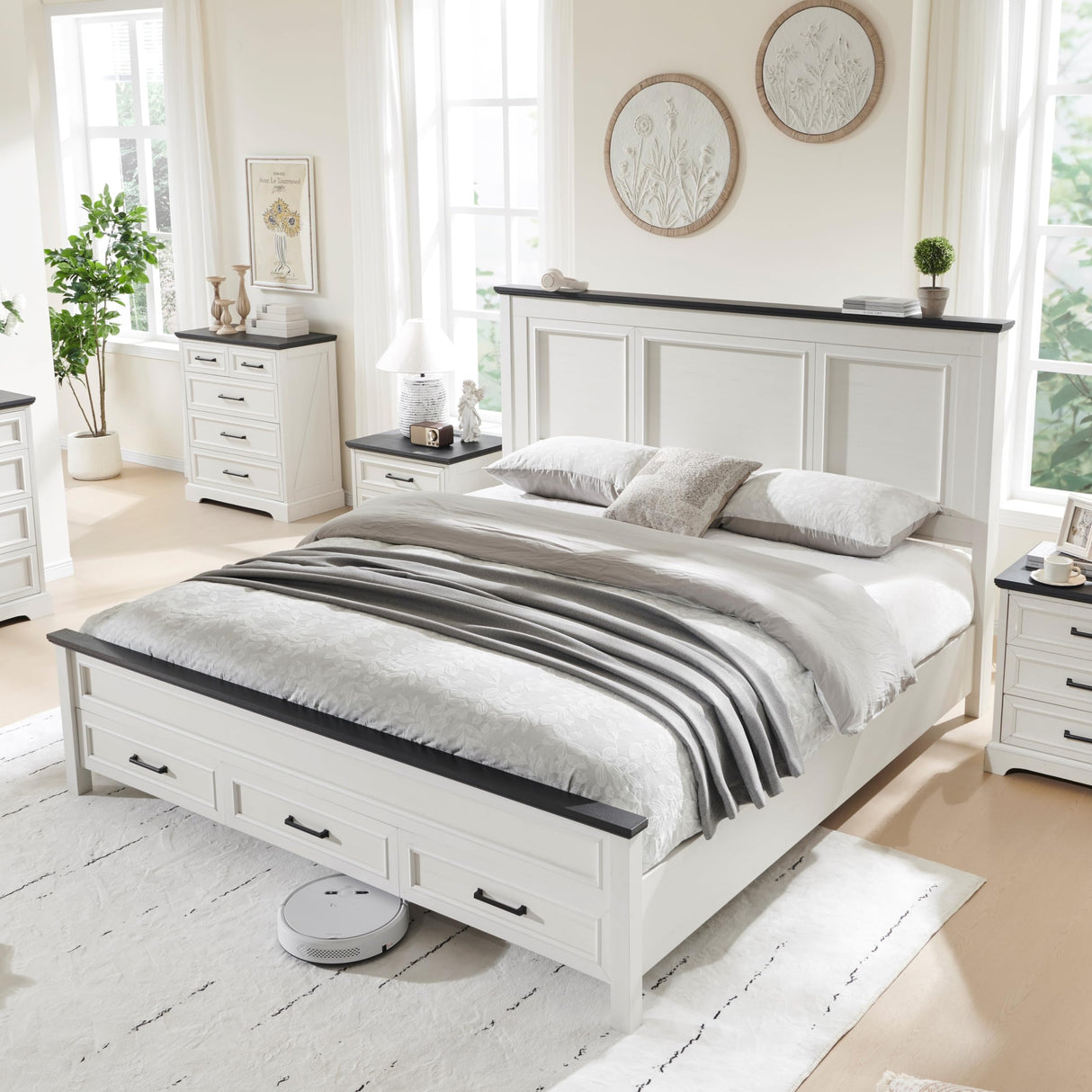 JXQTLINGMU Farmhouse King Wood Bed Frame with 52" Tall Headboard & Footboard, Platform Bedframe with Hidden Storage Drawers, Noiseless, No Box Spring Required, Antique White Color JXQTLINGMU