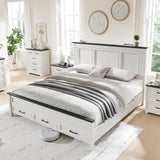 JXQTLINGMU Farmhouse King Wood Bed Frame with 52" Tall Headboard & Footboard, Platform Bedframe with Hidden Storage Drawers, Noiseless, No Box Spring Required, Antique White Color JXQTLINGMU