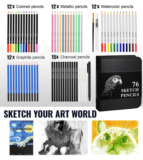 76PCS Art Supplies Sketching Kit with 100 Sheets 3-Color Sketchbook, Drawing Pencils Include Graphite Colored Charcoal Watercolor & Metallic Pencils, Drawing Kit Gifts for Kids Adults Beginner Artists COOL BANK
