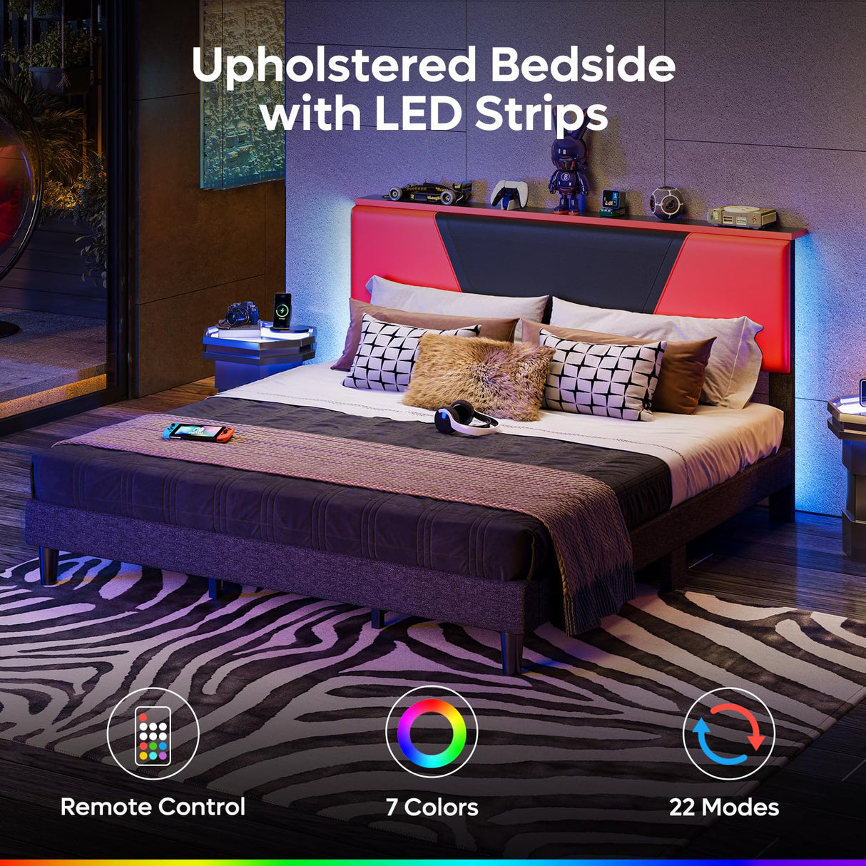 Bestier King Bed Frame with Headboard and LED Light, Faux Leather Upholstered Platform Bed with Storage Shelf, Gaming Style Bed Base, Wood Slat Support, Never Squeaks, No Box Spring(Black-Red) Bestier