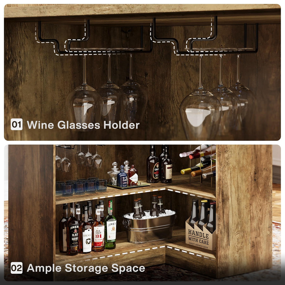 Tribesigns Bar Cabinet, L-Shaped Home Bar Table with Stemware Racks, 4-Tier Corner Bar Unit Liquor Wine Bar Table Reception Desk for Home Pub, Brown Tribesigns