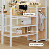 GM Ultra Queen Size Loft Bed with Desk & Storage Stairs, Metal Loft Bed with Wardrobe, LED Light & Charging Station, Versatile High Loft Bedframe for Kids Teens Adults, No Box Spring Needed, White GM Ultra