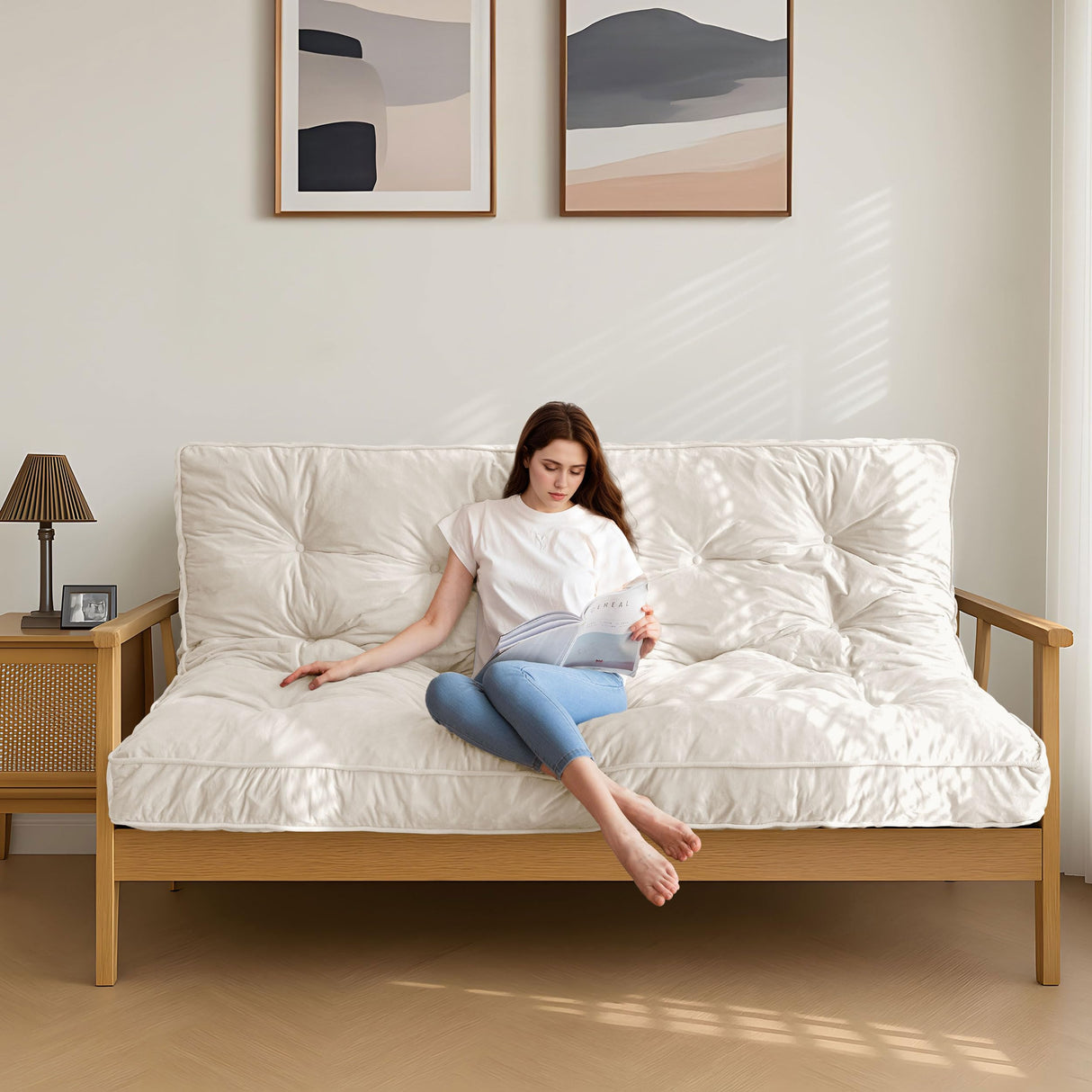 MAXYOYO 6" Futon Mattress Queen Size, Velvet Thick Futons Sofa Couch Bed, Versatile Floor Mattress for Adults, Shredded Foam Filling (Frame Not Included), Beige MAXYOYO