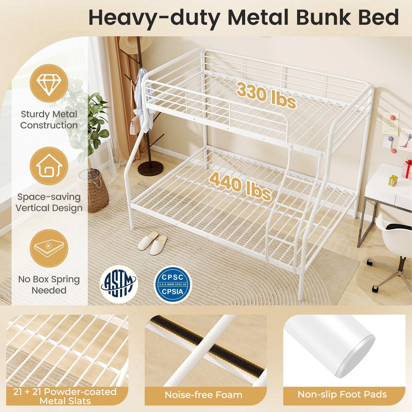 Giantex Metal Bunk Beds Twin Over Full Size, Heavy Duty Bunk Bed for Teens Adults with Ladder & Guardrails, Space Saving Metal Bunk Bed for Dorm, Bedroom, Apartment, No Box Spring Needed (White)