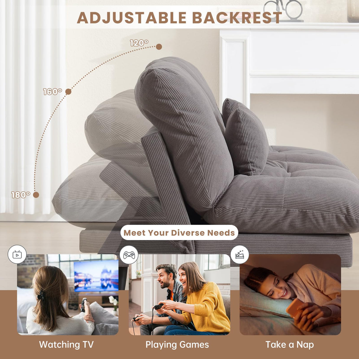 ASAHREE 72'' Corduroy Futon Convertible Sofa Couch,Comfy Sleeper Sofa Bed with Adjustable Backrest, Modern Futon Loveseat for Living Room, Bedroom, Office, Apartment, Dorm, Grey ASAHREE