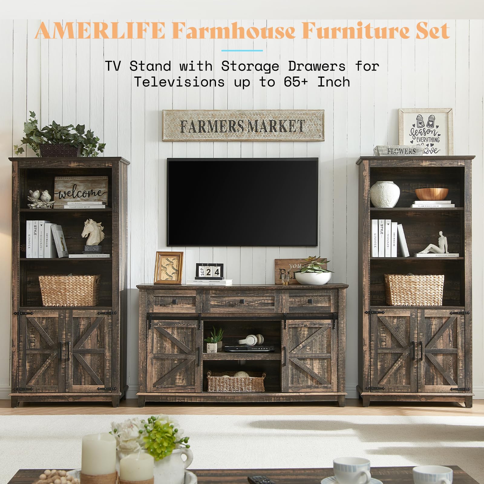 AMERLIFE Farmhouse TV Stand for Televisions up to 65 Inchs, Entertainment Center with Sliding Barn Doors and Storage Drawers, 59" TV Stand with Cabinets, Rustic Oak Black - WoodArtSupply