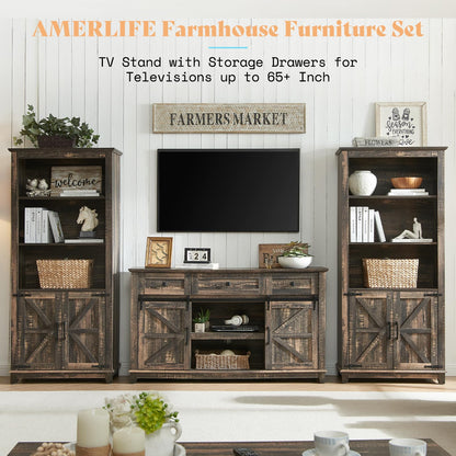 AMERLIFE Farmhouse TV Stand for Televisions up to 65 Inchs, Entertainment Center with Sliding Barn Doors and Storage Drawers, 59" TV Stand with Cabinets, Rustic Oak Black - WoodArtSupply