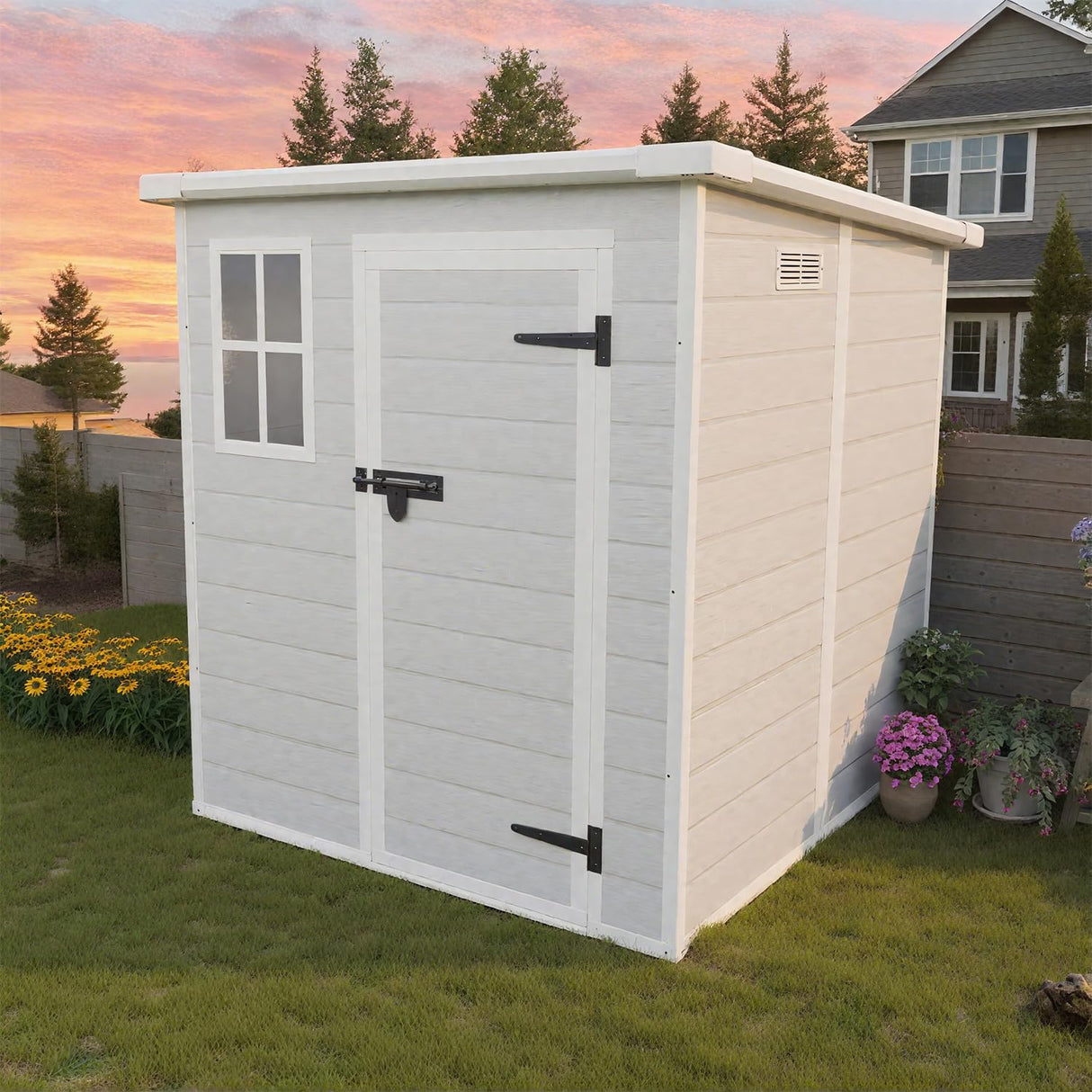 6x6 FT Outdoor Storage Resin Shed with Floor, Plastic Garden Tool Shed with Sloped Roof, Lockable Door & Windows, Easy to Assemble Bike Shed for Lawn, Backyard, Patio, White LINKHOO