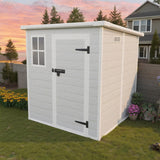 6x6 FT Outdoor Storage Resin Shed with Floor, Plastic Garden Tool Shed with Sloped Roof, Lockable Door & Windows, Easy to Assemble Bike Shed for Lawn, Backyard, Patio, White LINKHOO