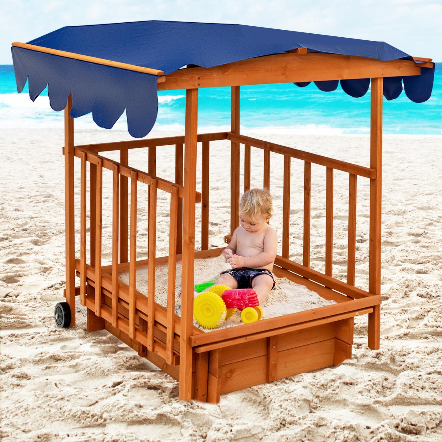 Costzon Kids Retractable Sandbox with Canopy, Wooden Cedar Cabana Playhouse with Large Play Area, Rear Wheels, Guardrails, Children Outdoor Playset Sandpit for Backyard, Home, Lawn, Garden, Beach