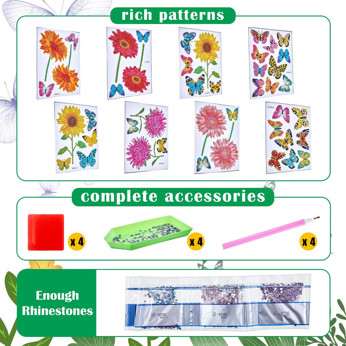Tenceur 44 Pcs Diamond Art Window Clings Diamond Sun Painting Stickers Butterfly Flower Stained Glass Painting Kit, DIY Stickers Gem Art for Adults Home Decor, Anti Collision Birds Decals Tenceur
