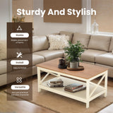 PHI VILLA Farmhouse Coffee Table for Living Room, White Coffee Tables with Storage Rustic Style Modern PHI VILLA
