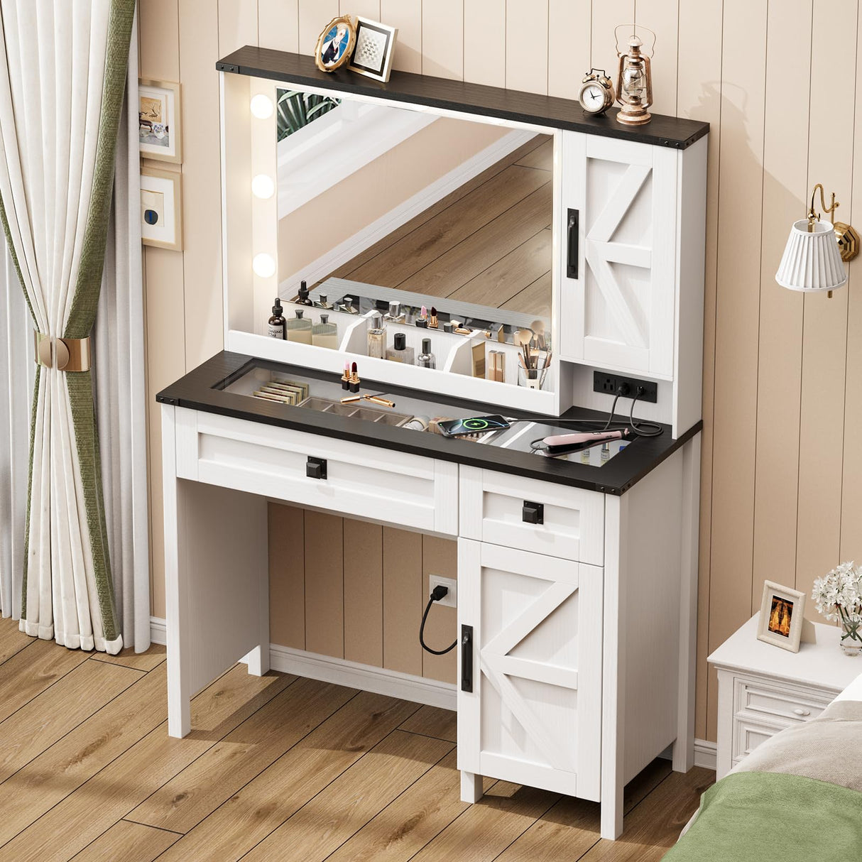 ONME Farmhouse Vanity Desk with HD Mirror and Light, Makeup Vanity with Drawers & Adjustable Cabinets, Glass Top Vanity with Charging Station, Rustic Modern Vanity Table with Shelves Bedroom White ONME