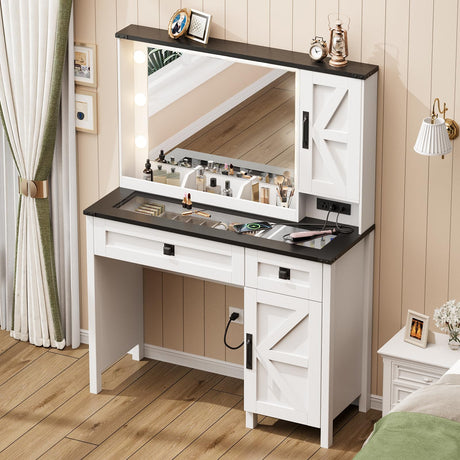 ONME Farmhouse Vanity Desk with HD Mirror and Light, Makeup Vanity with Drawers & Adjustable Cabinets, Glass Top Vanity with Charging Station, Rustic Modern Vanity Table with Shelves Bedroom White ONME