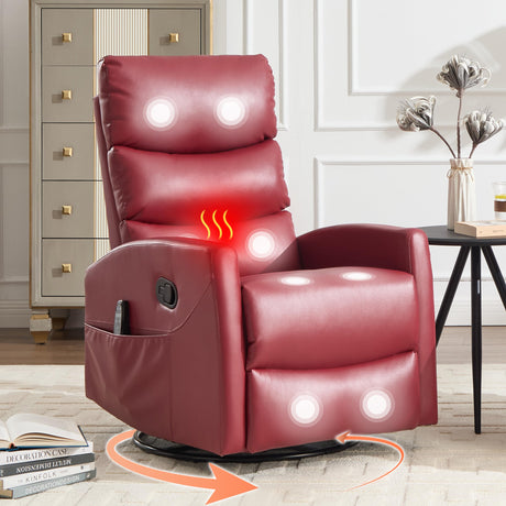 Manual Swivel Rocker Recliner Chair with Massage, Overstuffed Recliner Glider with Vibration Massage and Heat for Nursery, Living Room Reclining Sofa Chair, PU Leather Red Luxlen