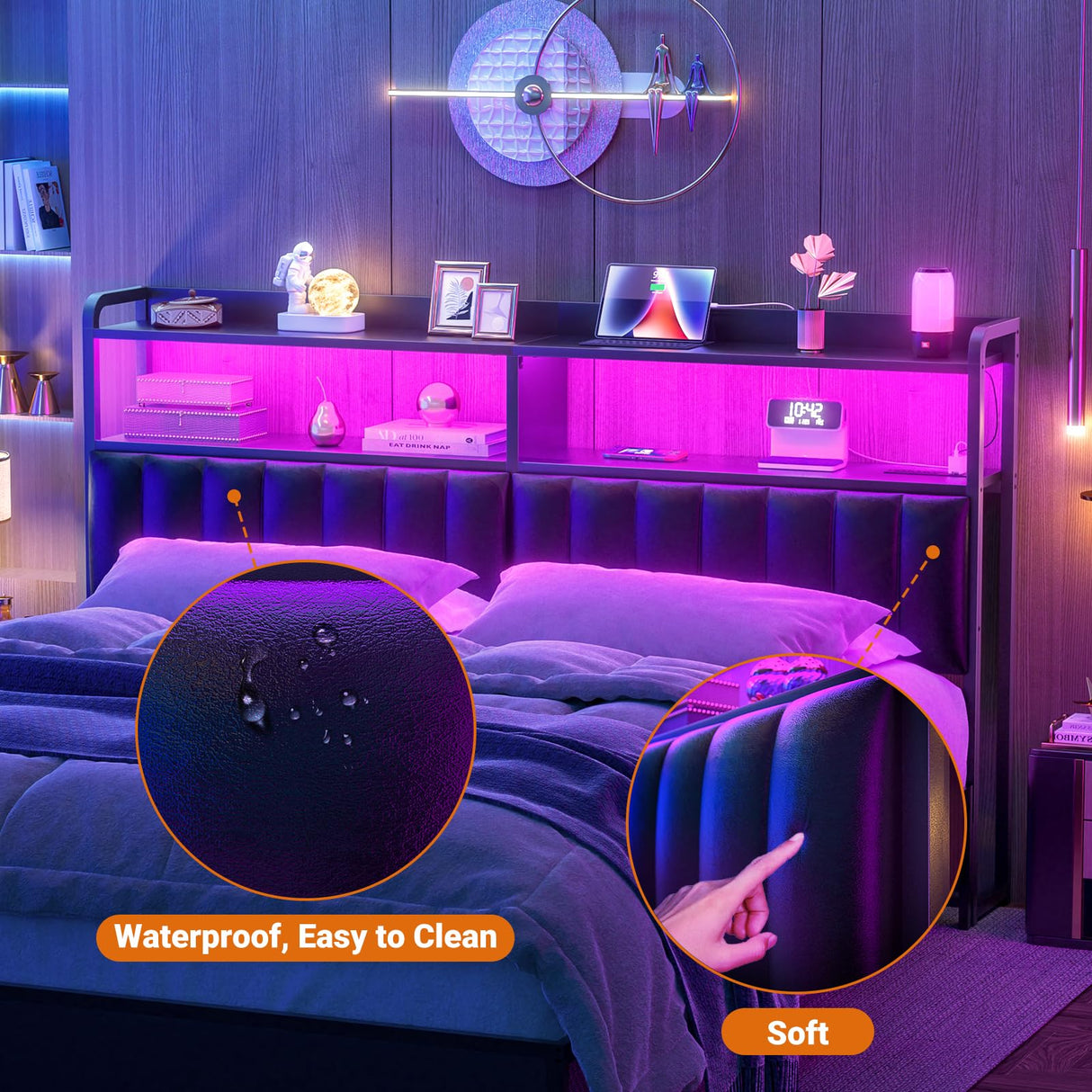 Aheaplus Queen Size Upholstered Headboard with USB Ports, Outlets, LED Lights, and Storage – Black Aheaplus