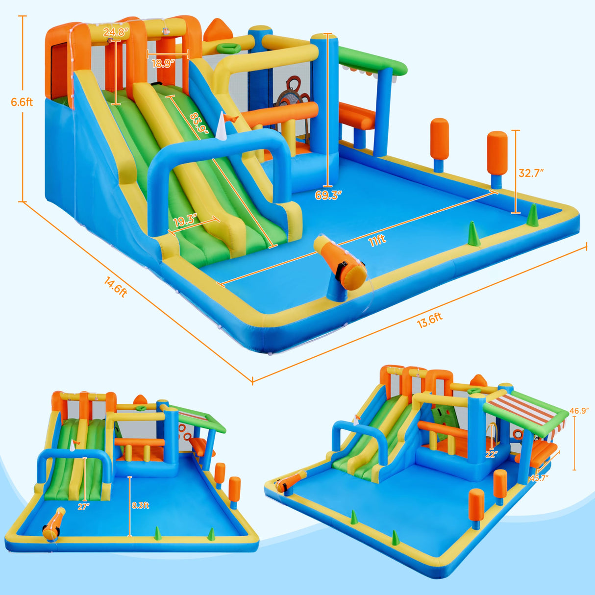 Yaheetech Inflatable Water Slide with Market Stand, Bounce House for Kids Aged 3-8 with 2 Slides for Outdoor Backyard, Splash Pool, Climbing Wall, 750W Air Blower, Ring and Ball Toss Games Yaheetech
