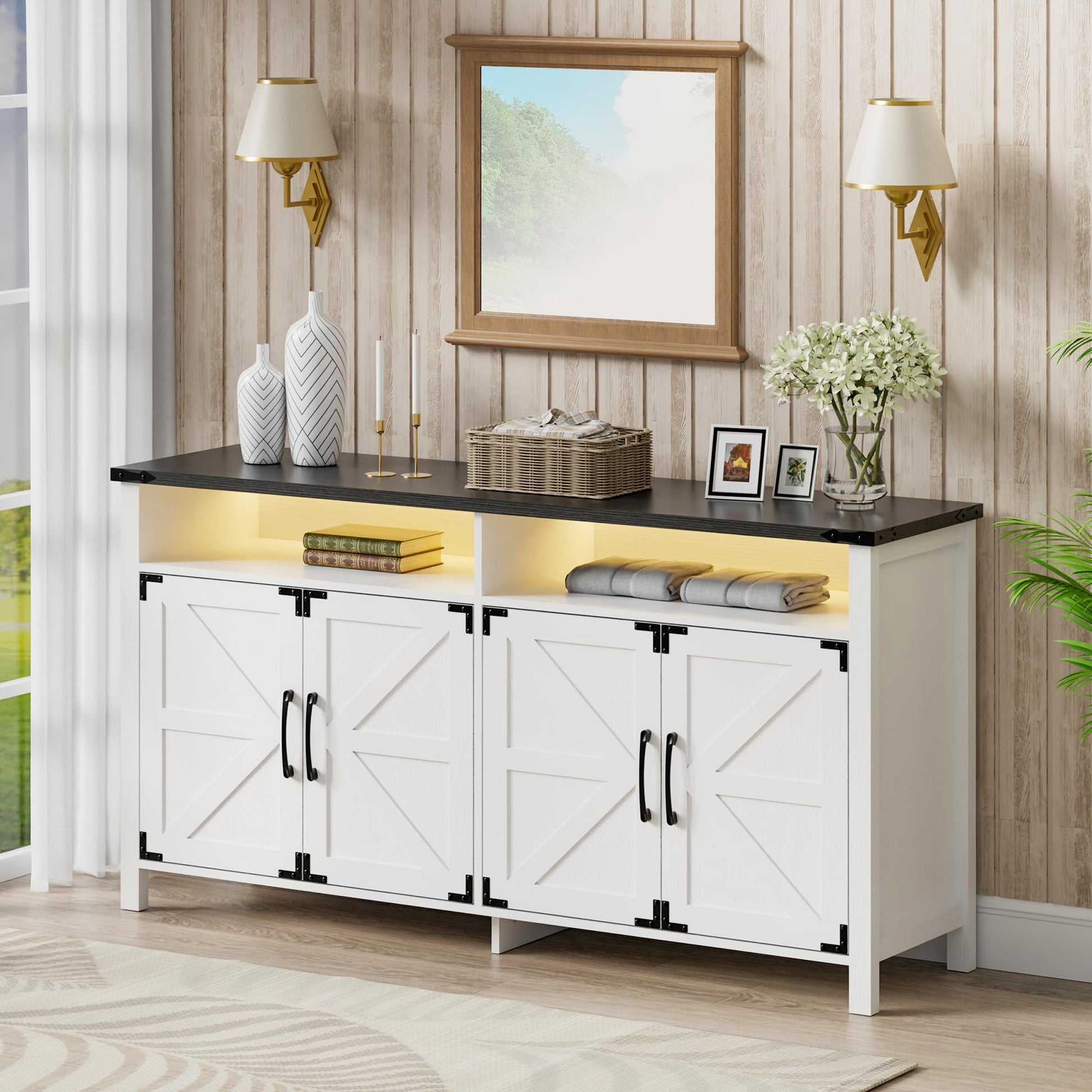 Scurrty Sideboard Buffet Cabinet with Lights, 61" Large Storage Cabinet,Large TV Stand with Storage, Farmhouse Style Buffet with LED, Wood Coffee Bar Cabinet for Dining Room, Kitchen&Living R - WoodArtSupply