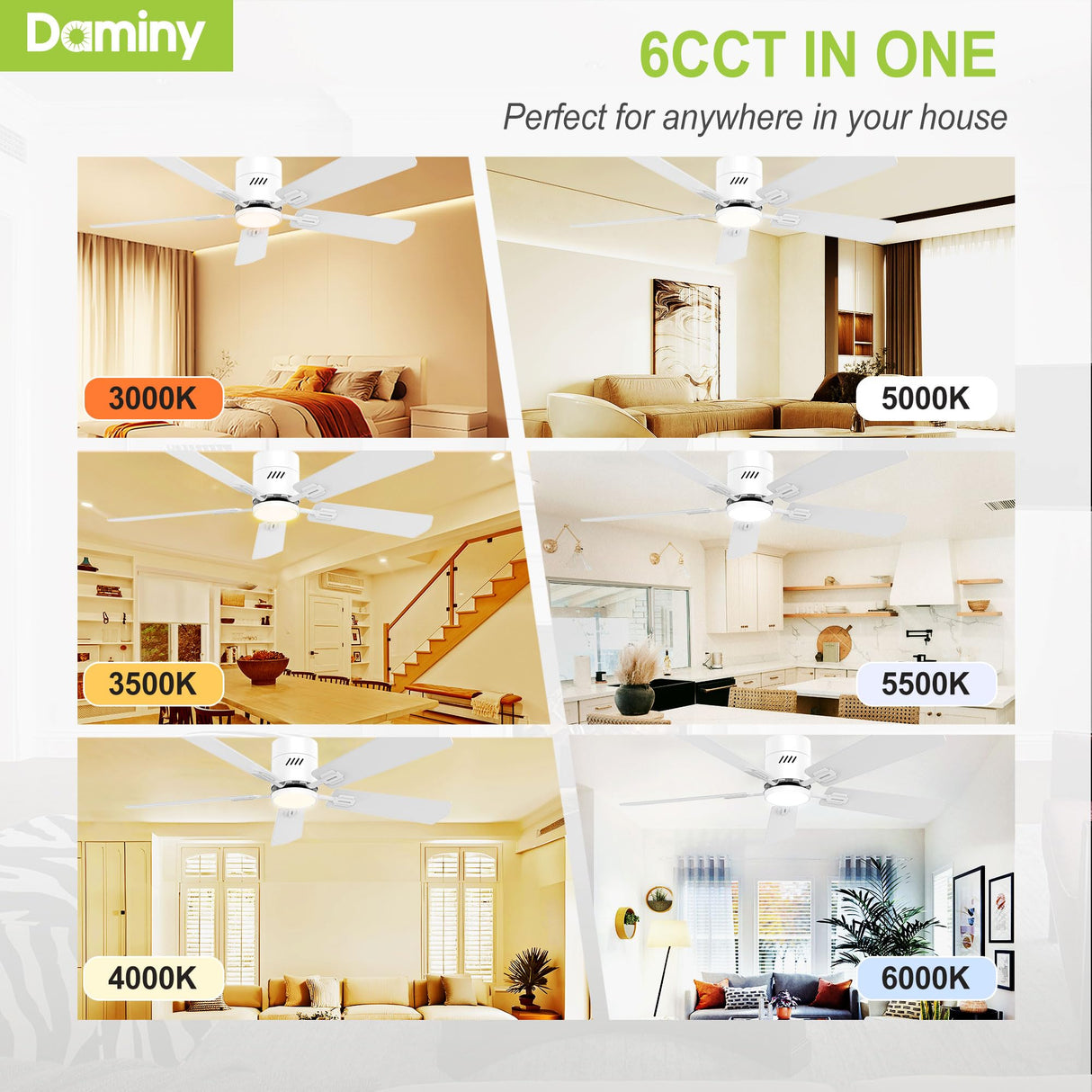 DAMINY 52 inch 5 Blades White Ceiling Fans with Lights,Flush Mount,6CCT, Low Profile Ceiling Fan with Light and Remote Control,DC Motor,Ceiling Fan for Bedroom, Kitchen,Living Room,Indoor/Outdoor Use DAMINY