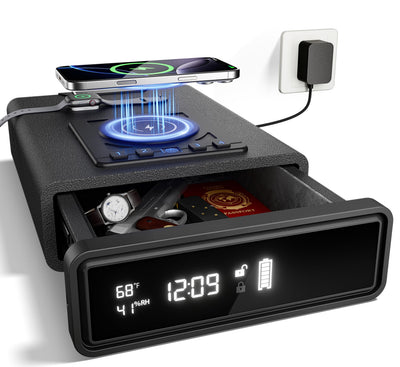 Smart Biometric Safe with Wireless Charging for Phone & Watch, 3 Access Methods to Unlock, Nightstand Drawer Safe LED Display with Humidity & Temperature Monitoring, Stopbox for Cash and Valuables