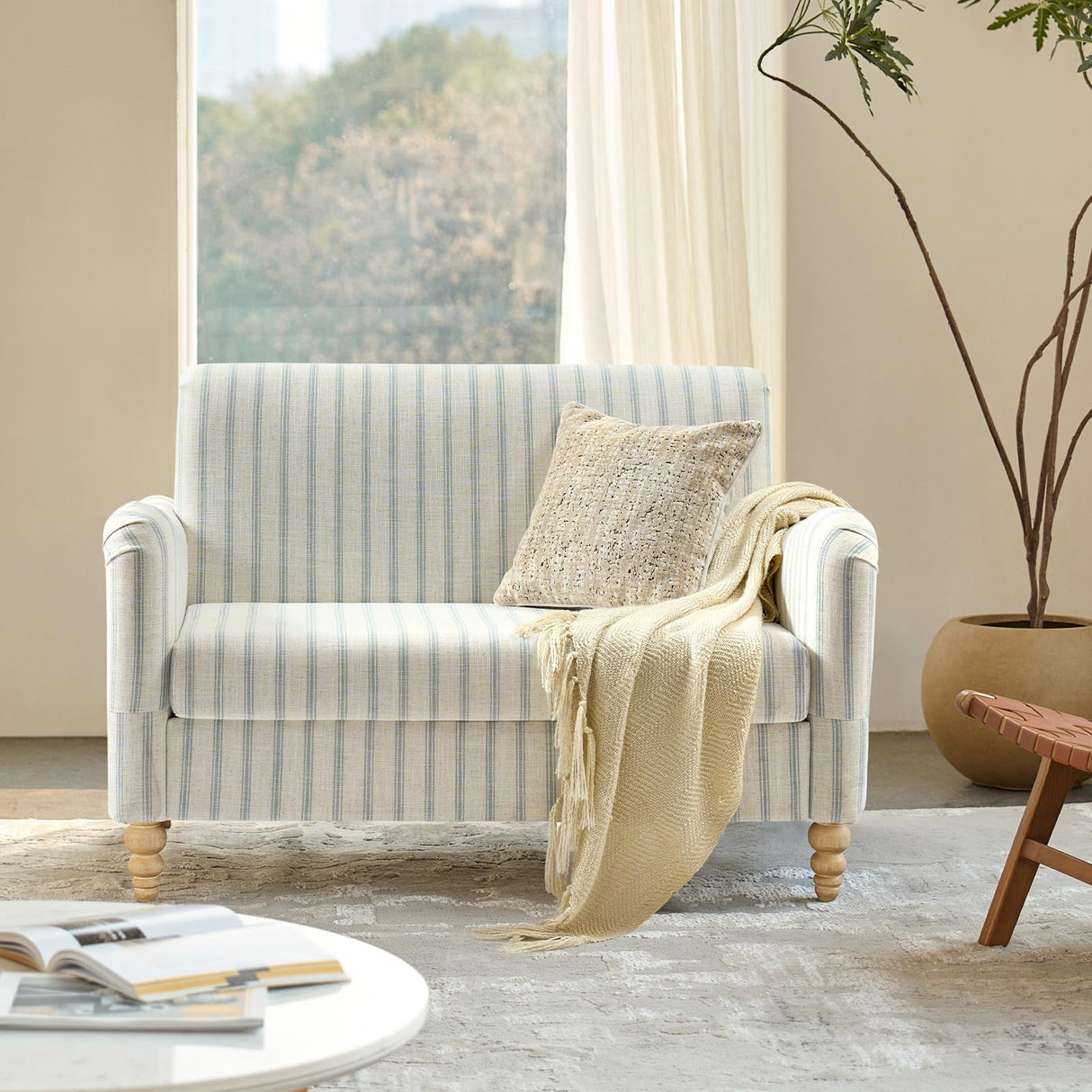 EcoHarbor Living 50.5" Mid-Century Modern Couch, Upholstered Sofa with Armrests, Stripe Mini Loveseat Couches for Small Space, Living Room, Bedroom, Office, Apartment, Blue EcoHarbor Living