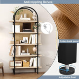 Yusong Bookshelf Rattan 5 Tier Arched Bookcase, 74" Tall Industrial Open Book Shelves for Living Room, Modern Freestanding Display Shelving Boho Storage Rack with Metal Frame for Office, Brown Yusong