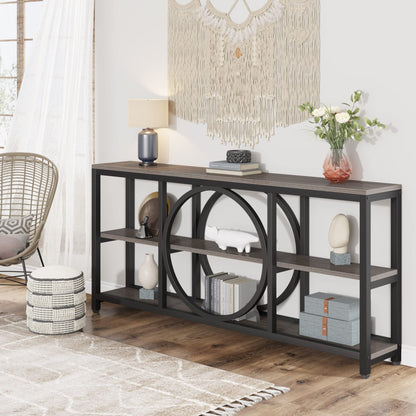 Tribesigns 70.9 inch Sofa Console Table, Extra Long Narrow Entryway Tables with 3 Tier Wood Storage Shelves Metal Frame for Foyer Hallway Living Room Behind Couch, Black Rustic Gray