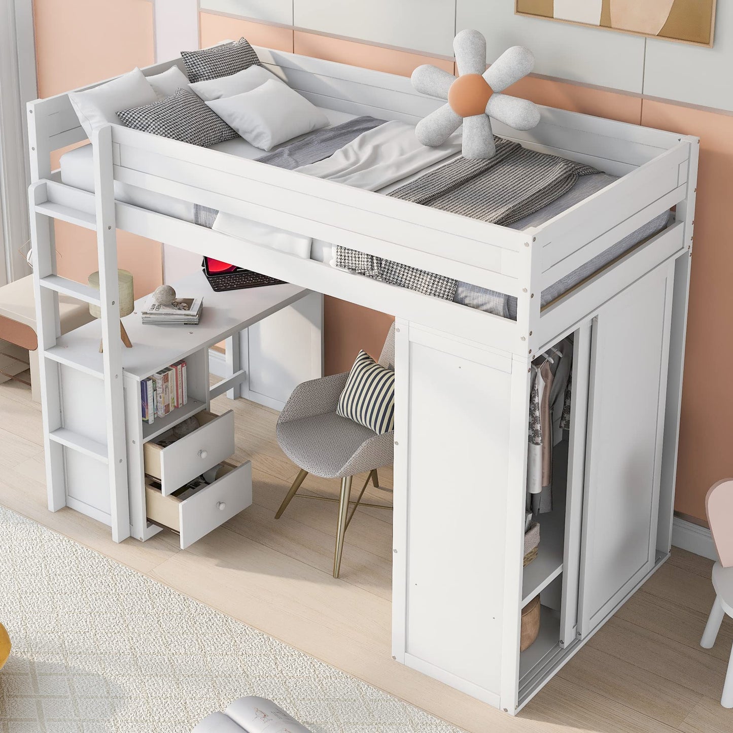 Stylish Twin Size Loft Bed with Desk & Wardrobe by Harper & Bright Designs in White - WoodArtSupply