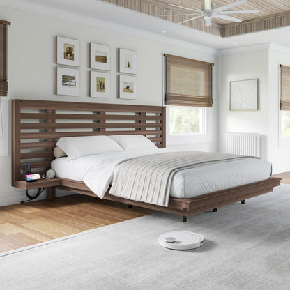 YUMPIE Mid-Century Modern Queen Floating Bed Frame with Nightstands, LED Lighting & USB Charging Station in Taupe - WoodArtSupply