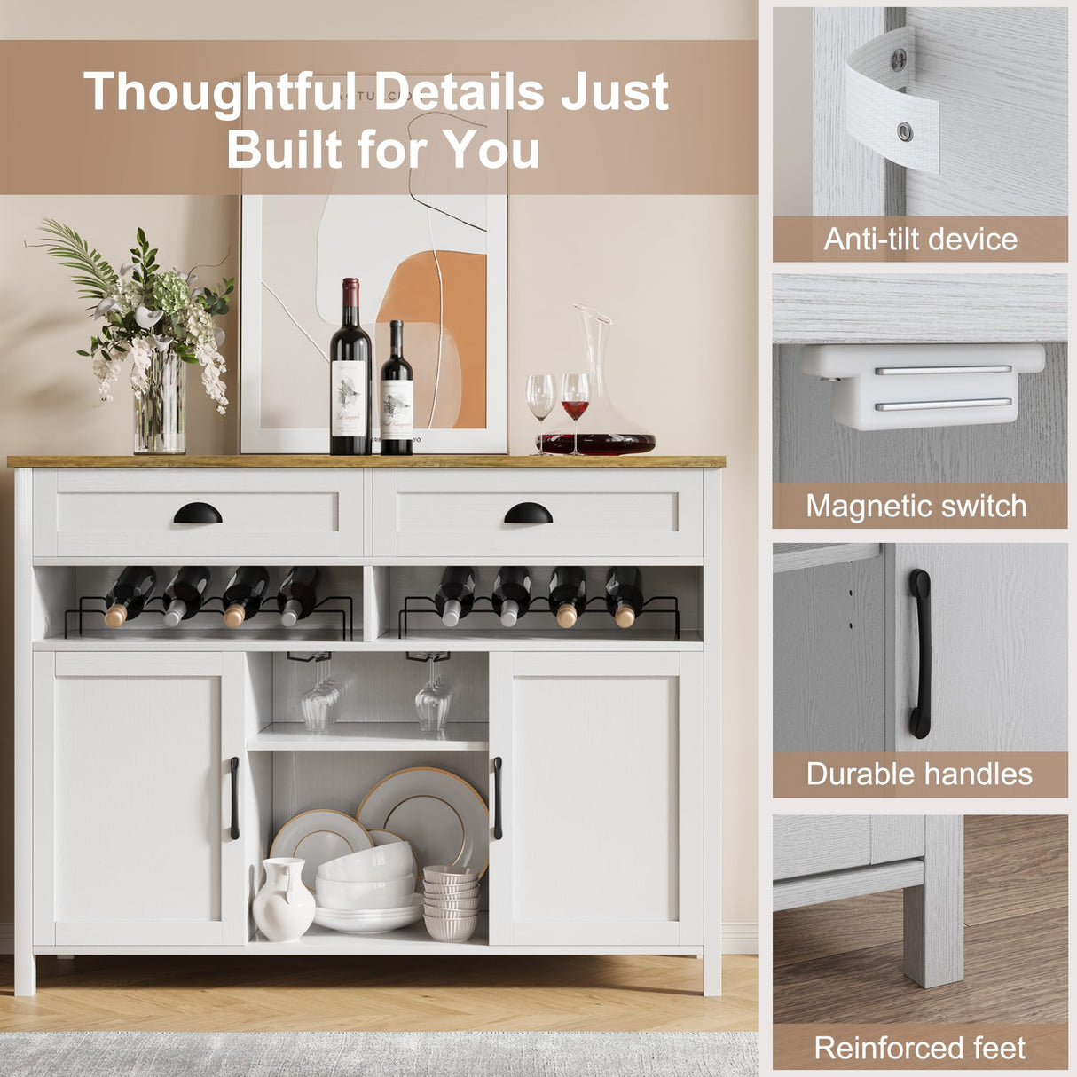 Vividwood 47.2" Modern Farmhouse Wine Bar Cabinet with Wine & Glass Rack, 2 Drawers Buffet Sideboard Storage for Kitchen, Living Room, Dining Room - Coffee & Liquor Station Cabinet (White) Vividwood